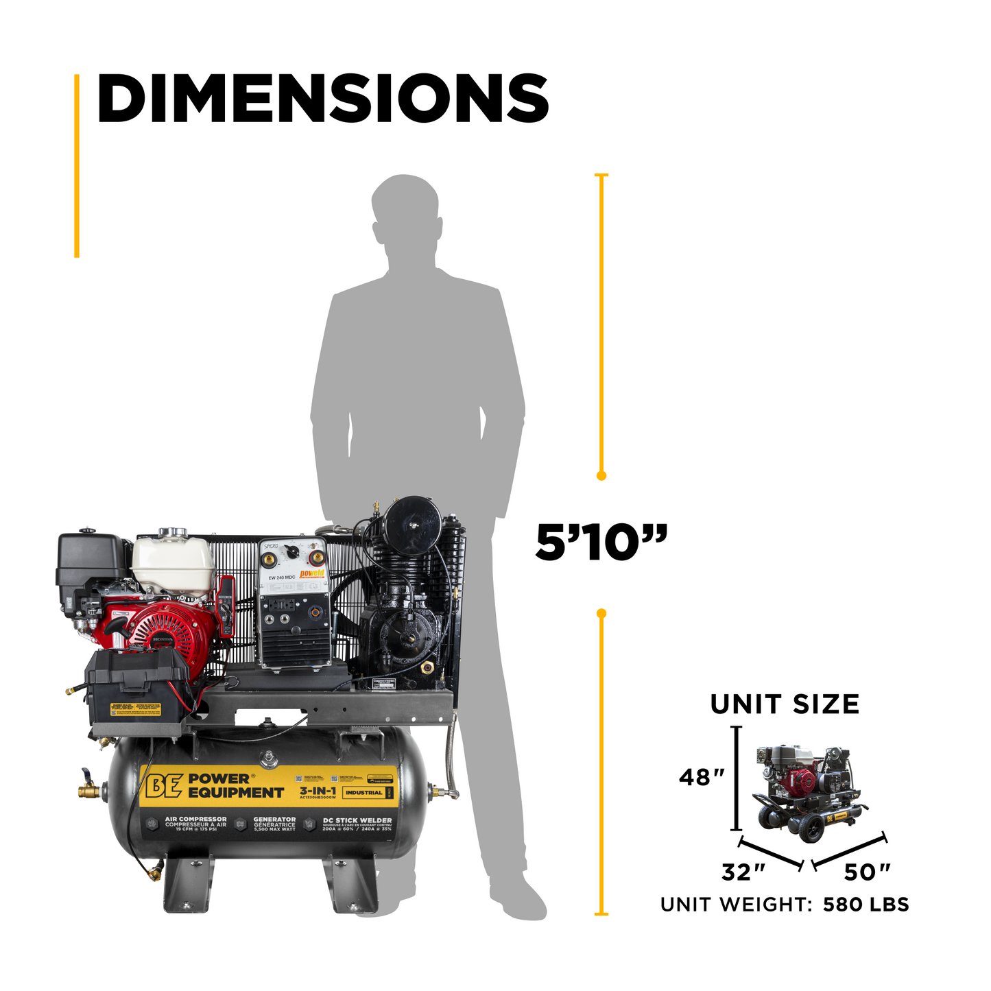 BE Power Equipment 19 CFM @ 175 PSI Gas Air Compressor/Welder/Generator with Honda GX390 Engine AC1330HB3000W