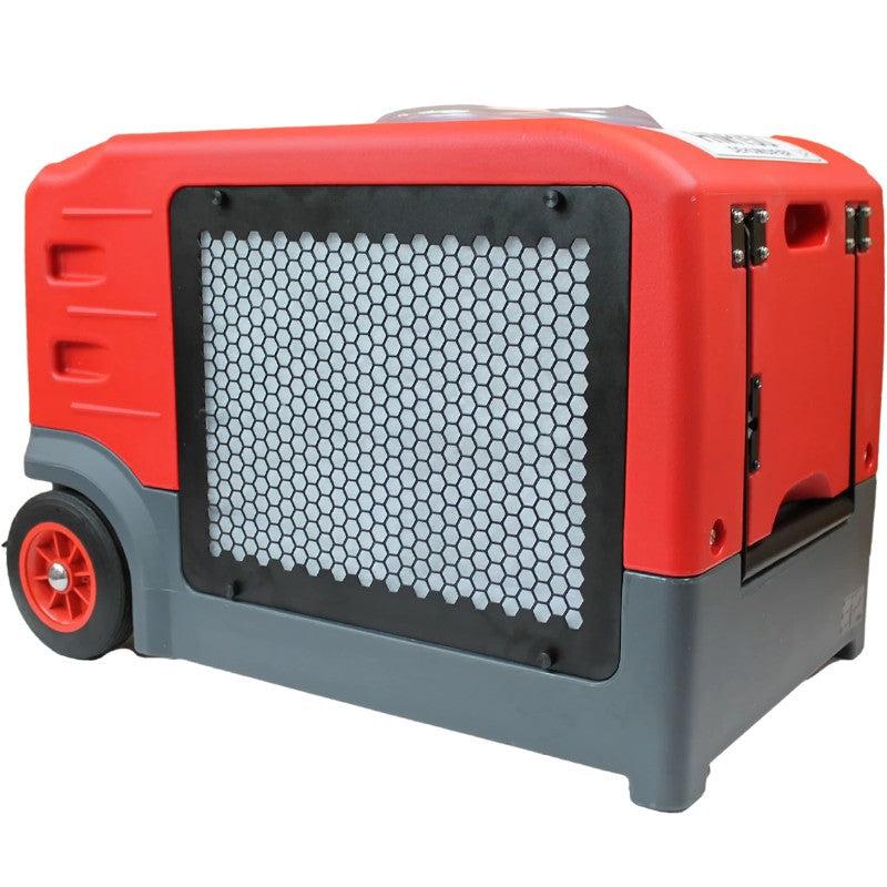 Ebac-HM150-Flood-Restoration-Dehumidifier-main-angle-closeup-red-casing-hexagonal-vent