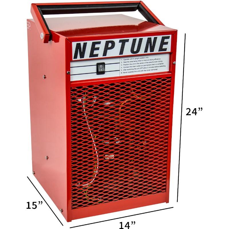 Ebac-Neptune-52-Pint-Compact-Restoration-Dehumidifier-angled-view-with-dimensions-marked-on-red-exterior