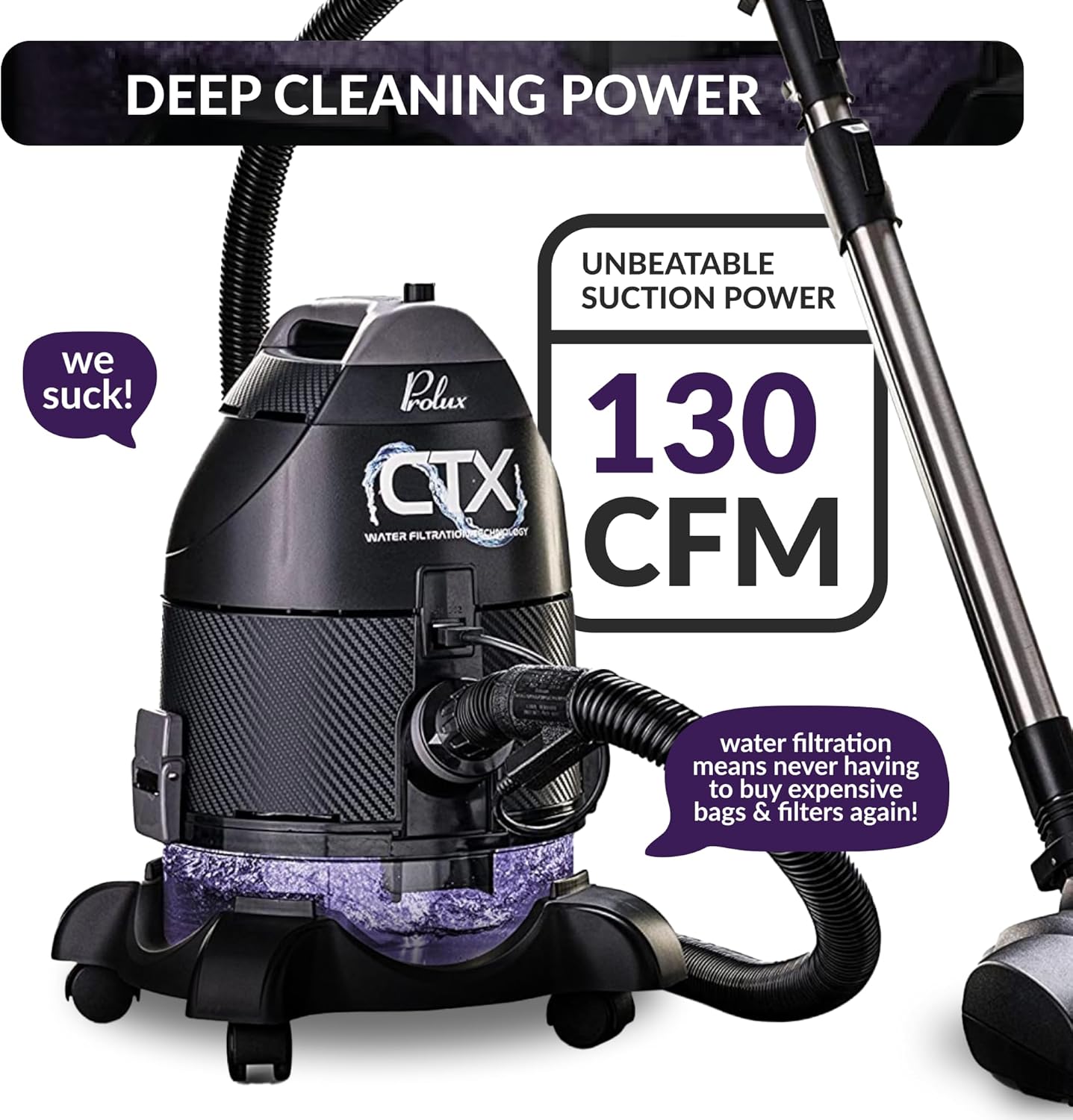 Polux CTX vacuum cleaner with text highlighting deep cleaning power and unbeatable suction power.