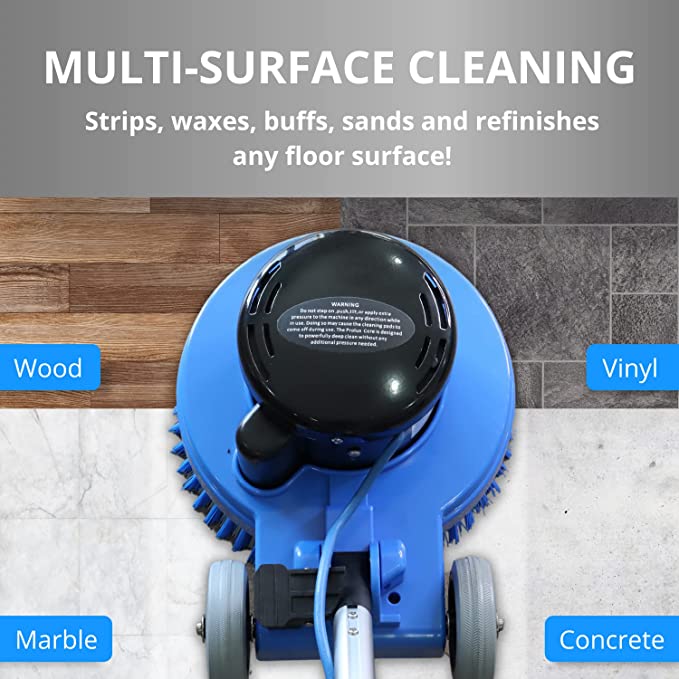 Prolux 13 Floor cleaning machine with text indicating its capabilities on different floor types.