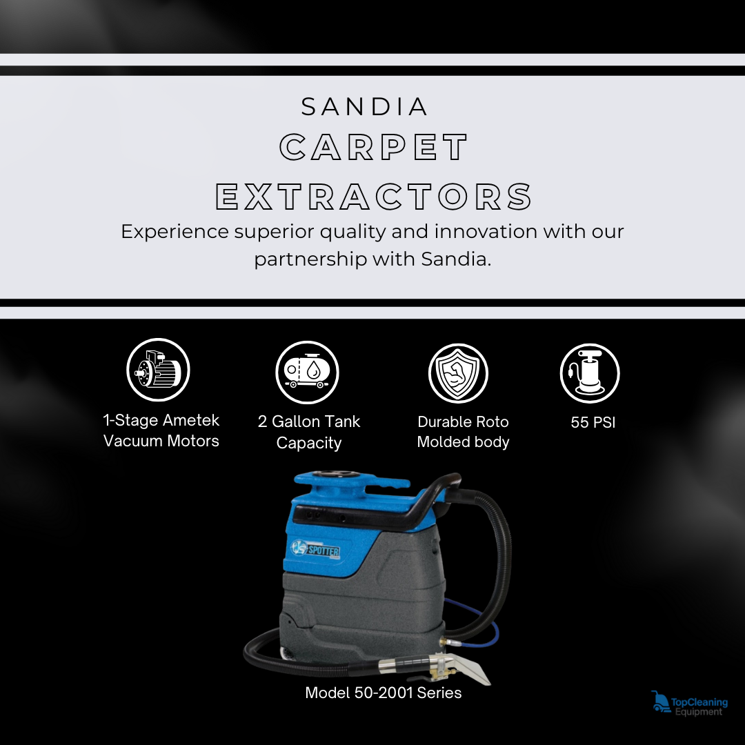 Sandia 50-2001 2-Gallon Spot Extractor Kit - 55 PSI Pump With Stainless Steel Upholstery Tool info graphic