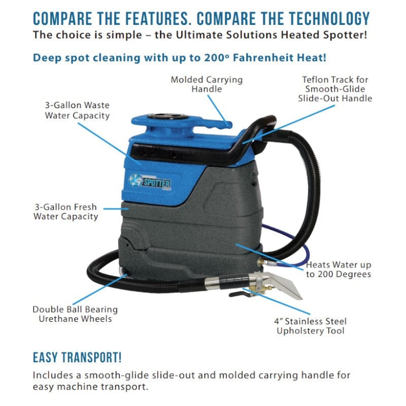 Sandia 50-4100-SS Super 3-Gallon Heated Spot Extractor Kit with 4” Stainless Steel Upholstery Tool info graphic