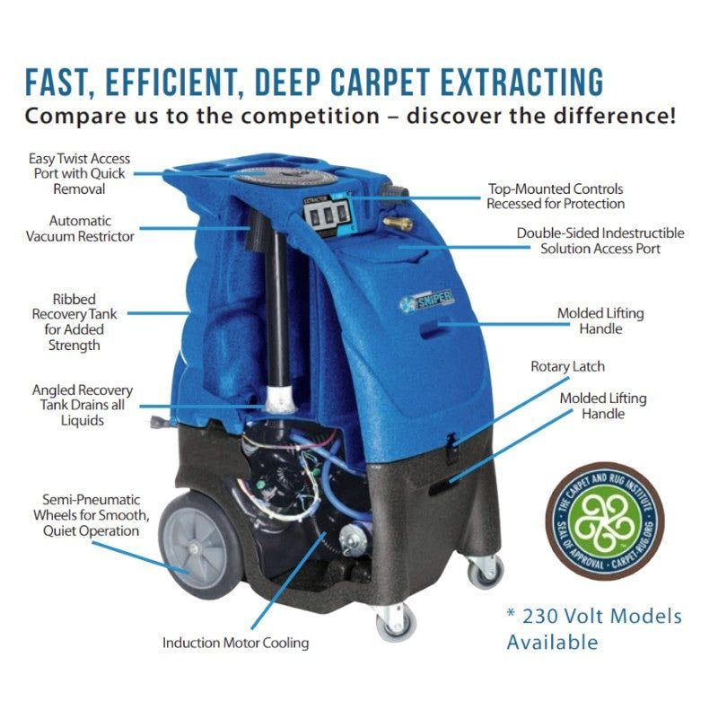 Sandia 6-Gallon 86-2100 Series Dual 2-Stage Sniper Carpet Extractor - 100 PSI Pump with Optional Heat info graphic