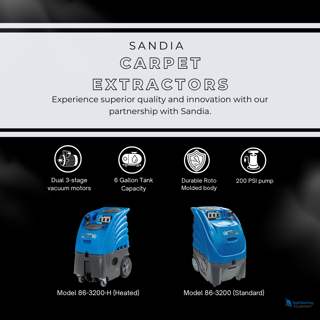 Sandia 6-Gallon 86-3200 Series Dual 3-Stage Sniper Carpet Extractor - 200 PSI Pump with Optional Heat info graphic