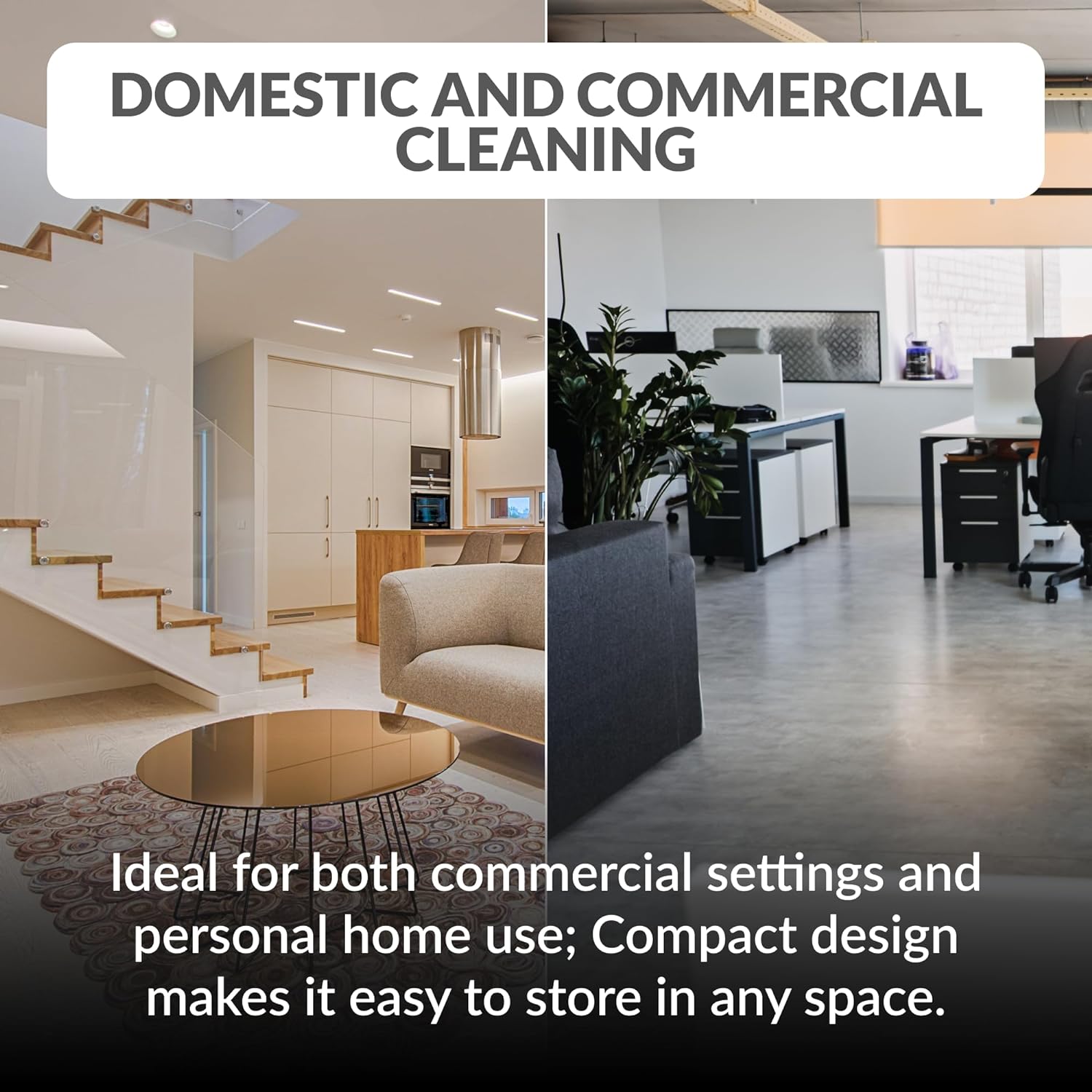 Two images showing a modern home interior and an office space with text about domestic and commercial cleaning.