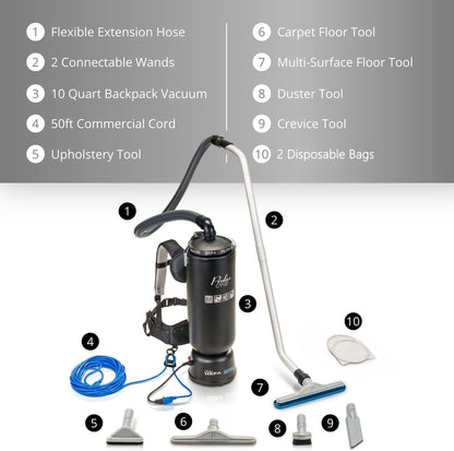 Powerful Lightweight Prolux PLC10 10qt Backpack Vacuum w/ 1 1/2" Tool Kit and 5 YR Warranty