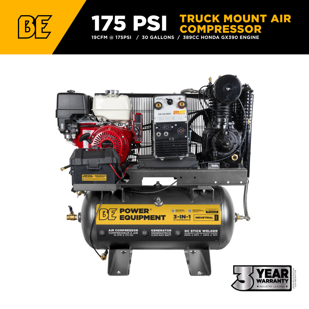 BE Power Equipment 19 CFM @ 175 PSI Gas Air Compressor/Welder/Generator with Honda GX390 Engine AC1330HB3000W