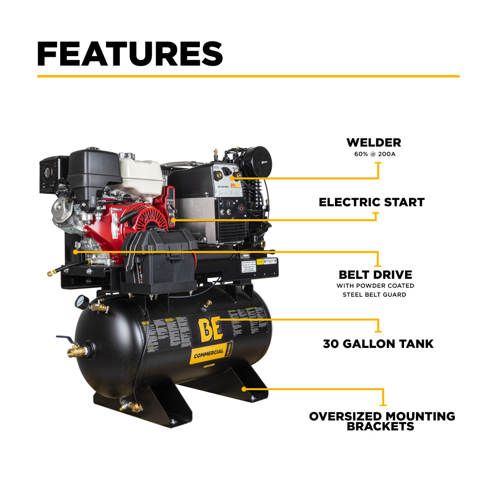 BE Power Equipment 19 CFM @ 175 PSI Gas Air Compressor/Welder/Generator with Honda GX390 Engine AC1330HB3000W