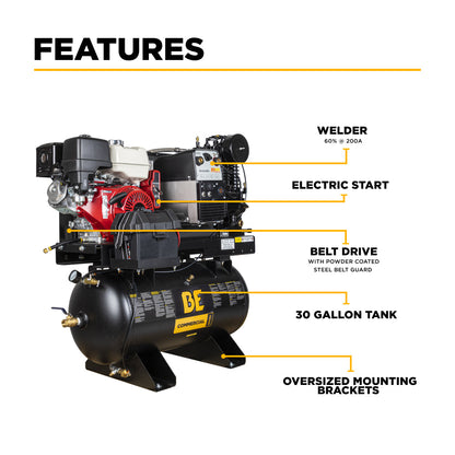BE Power Equipment 19 CFM @ 175 PSI Gas Air Compressor/Welder/Generator with Honda GX390 Engine AC1330HB3000W