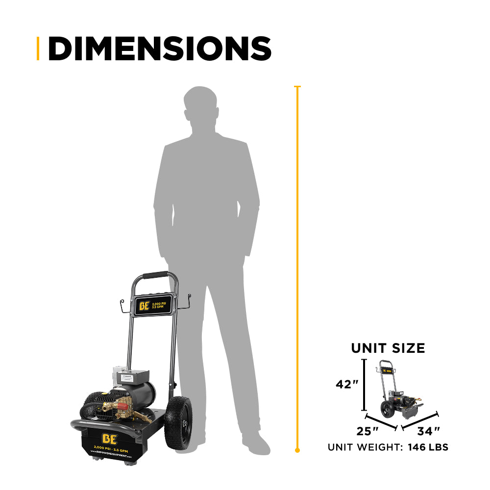 BE Power Equipment 2,000 PSI 3.5 GPM 5.0 HP Electric Pressure Washer with Baldor Motor and General Triplex Pump - B205EG