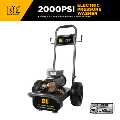 BE Power Equipment 2,000 PSI 3.5 GPM 5.0 HP Electric Pressure Washer with Baldor Motor and General Triplex Pump - B205EG