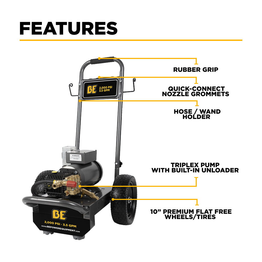 BE Power Equipment 2,000 PSI 3.5 GPM 5.0 HP Electric Pressure Washer with Baldor Motor and General Triplex Pump - B205EG