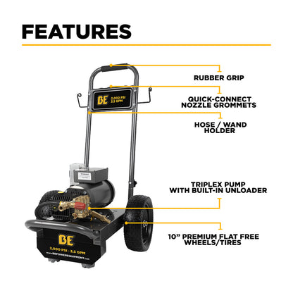 BE Power Equipment 2,000 PSI 3.5 GPM 5.0 HP Electric Pressure Washer with Baldor Motor and General Triplex Pump - B205EG