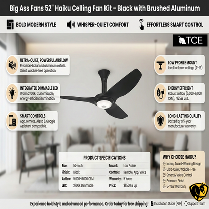 Big Ass Fans 52" Haiku Ceiling Fan infographic whisper quiet comfort