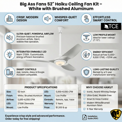 Big Ass Fans 52" Haiku Ceiling Fan with white brush aluminum infographic