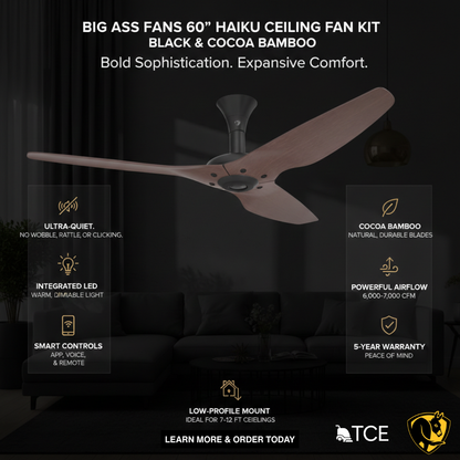 Big Ass Fans 60" Haiku Ceiling Fan Kit in Black with Cocoa Bamboo – Indoor