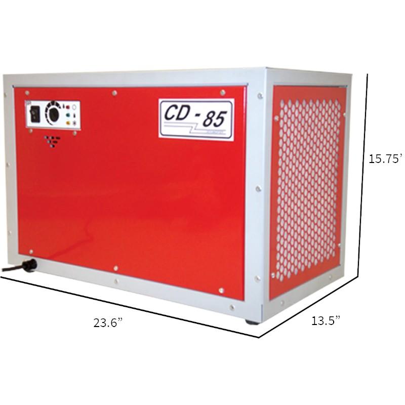 Ebac-CD85-Industrial-Dehumidifier-10293GR-US-angled-view-with-dimensions-and-side-panel