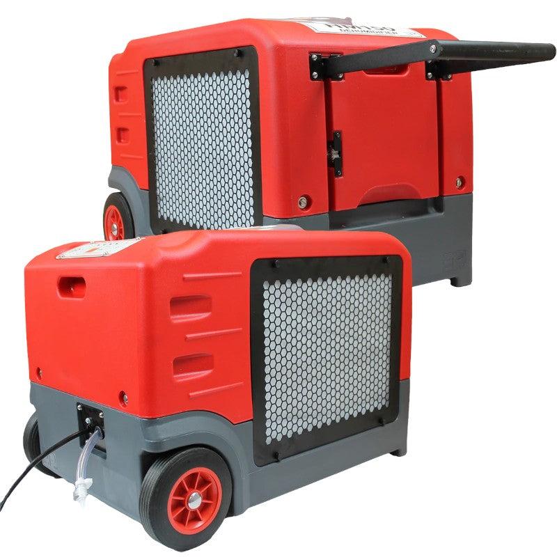 Ebac-HM150-Flood-Restoration-Dehumidifier-front-back-angle-red-body-gray-frame