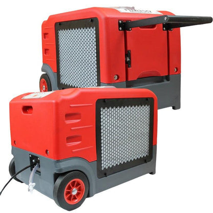 Ebac-HM150-Flood-Restoration-Dehumidifier-front-back-angle-red-body-gray-frame