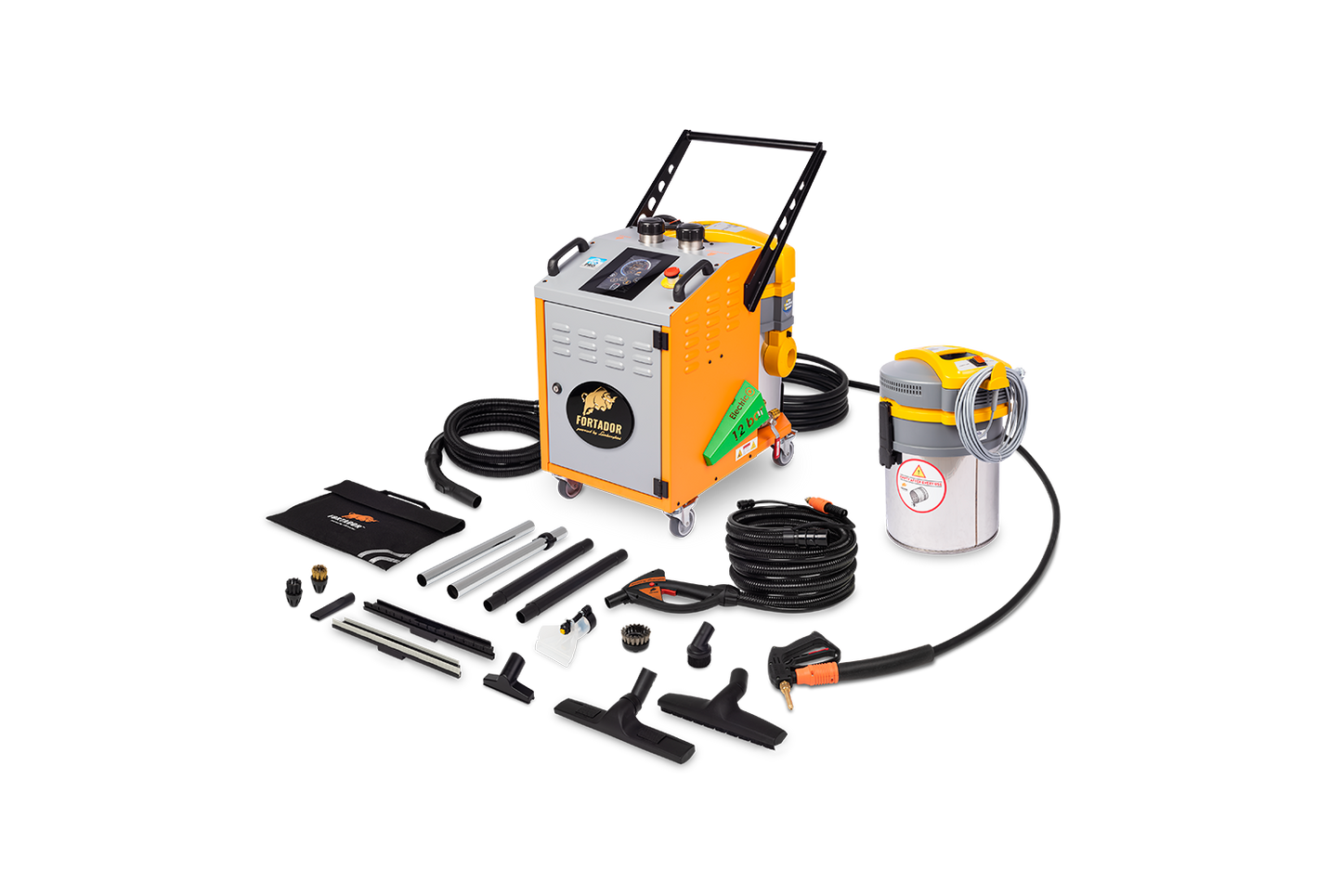 FORTADOR VOLT ELECTRA steam cleaner with full accessory kit including hoses, steam guns, vacuum, and detailing attachments