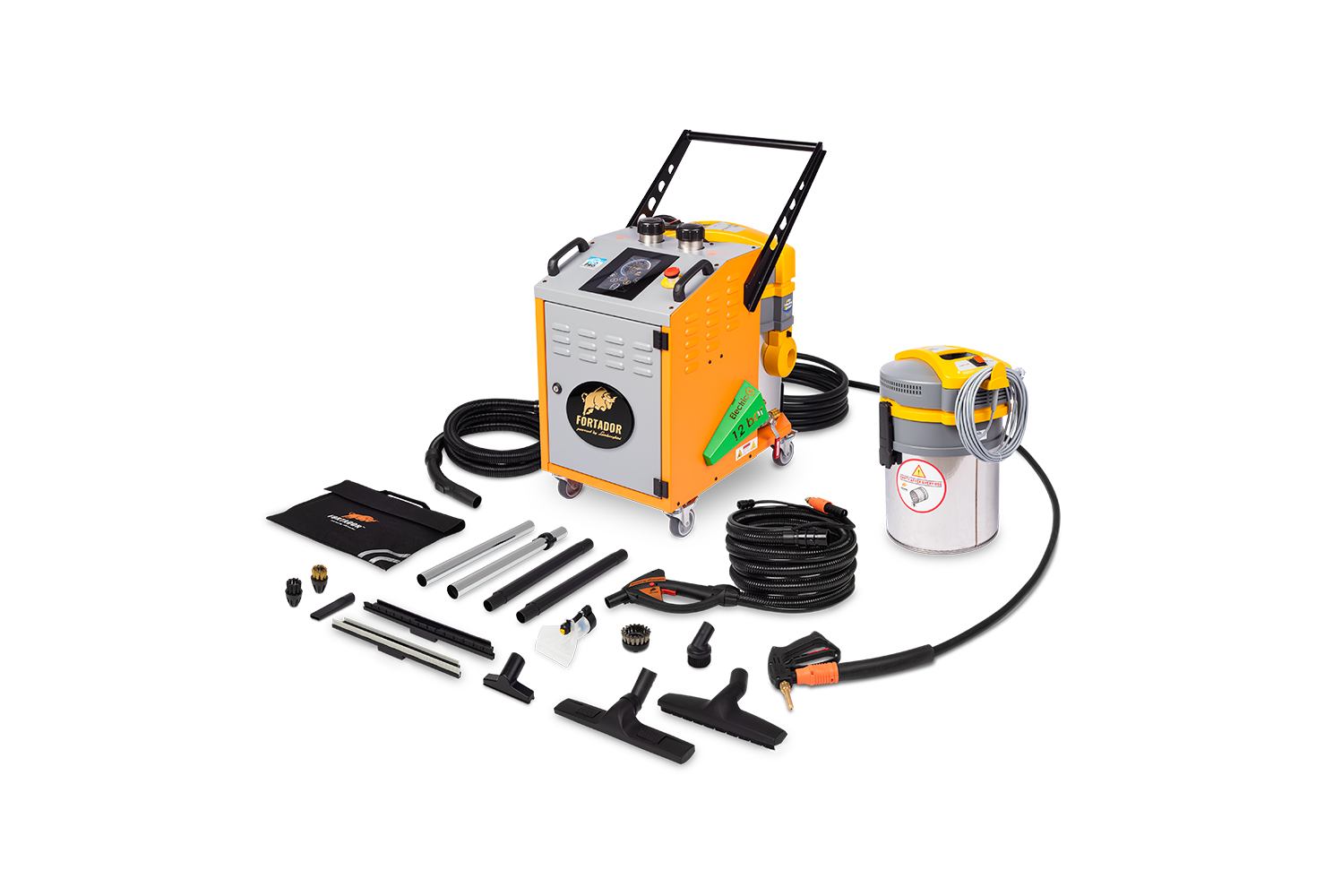 FORTADOR VOLT ELECTRA steam cleaner with full accessory kit including hoses, steam guns, vacuum, and detailing attachments