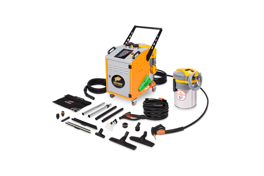 FORTADOR VOLT ELECTRA steam cleaner with full accessory kit including hoses, steam guns, vacuum, and detailing attachments