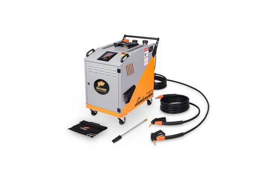 Fortador PRO Hybrid Diesel Steam Cleaner with steam hose, control panel, and detailing accessories
