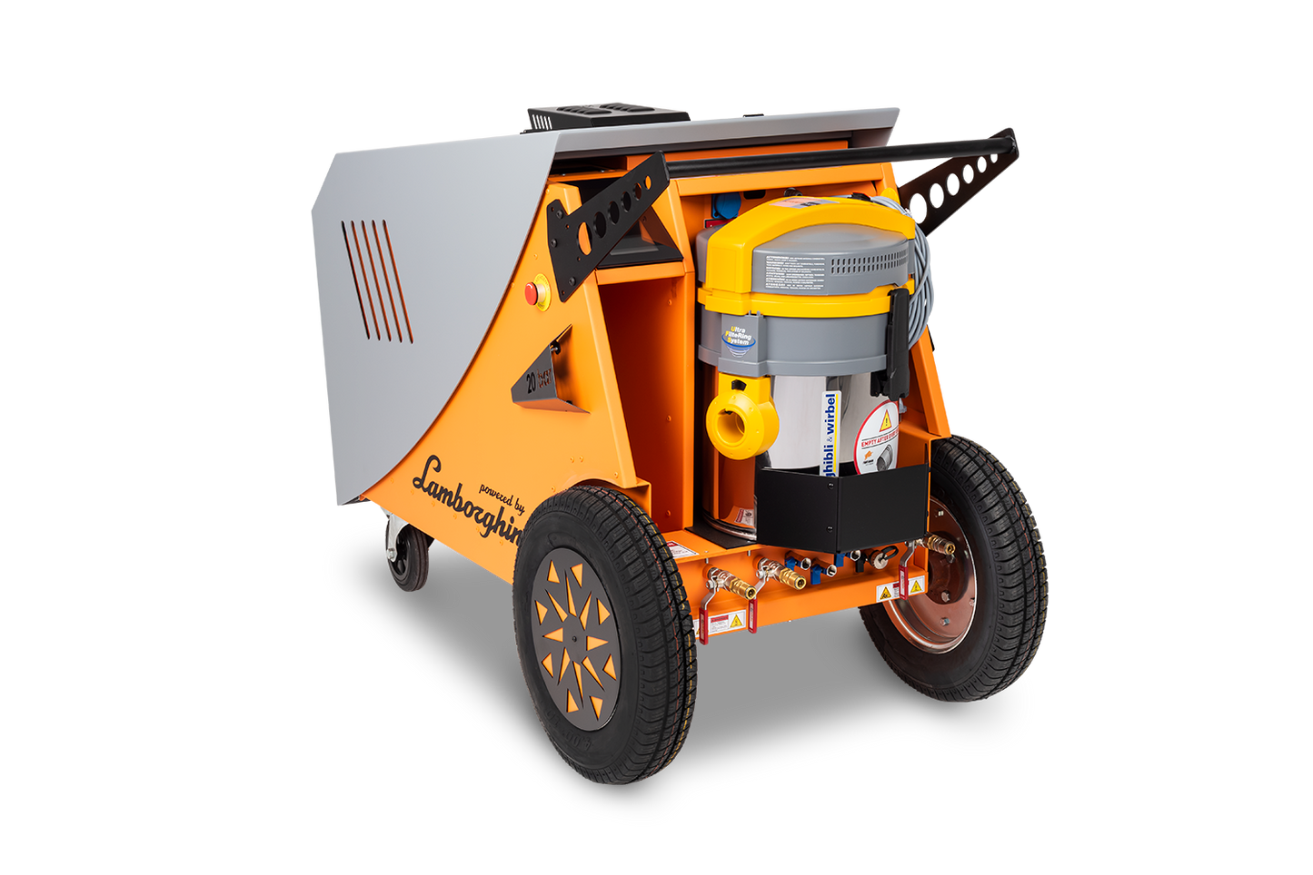 Fortador PRO MAX Upholstery Steam Cleaner powered by laborghini  side view Orange and gray machine with wheels on a white background
