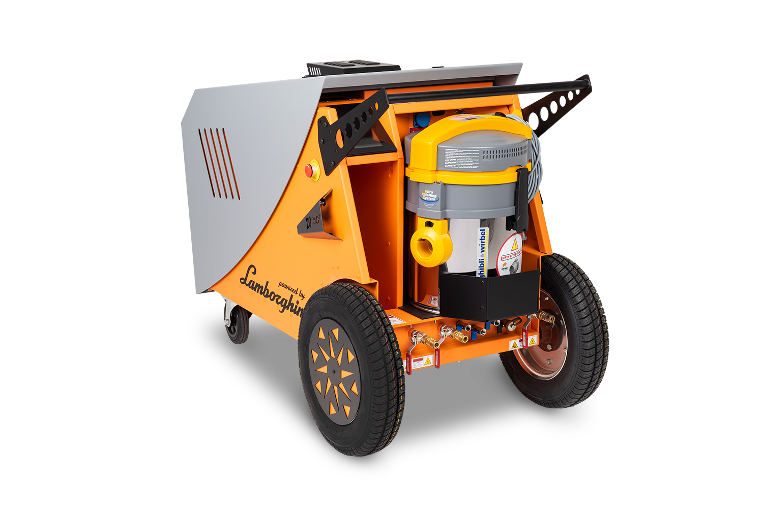 Fortador PRO MAX Upholstery Steam Cleaner powered by laborghini  side view Orange and gray machine with wheels on a white background
