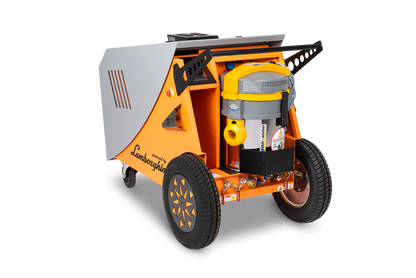Fortador PRO MAX Upholstery Steam Cleaner powered by laborghini  side view Orange and gray machine with wheels on a white background