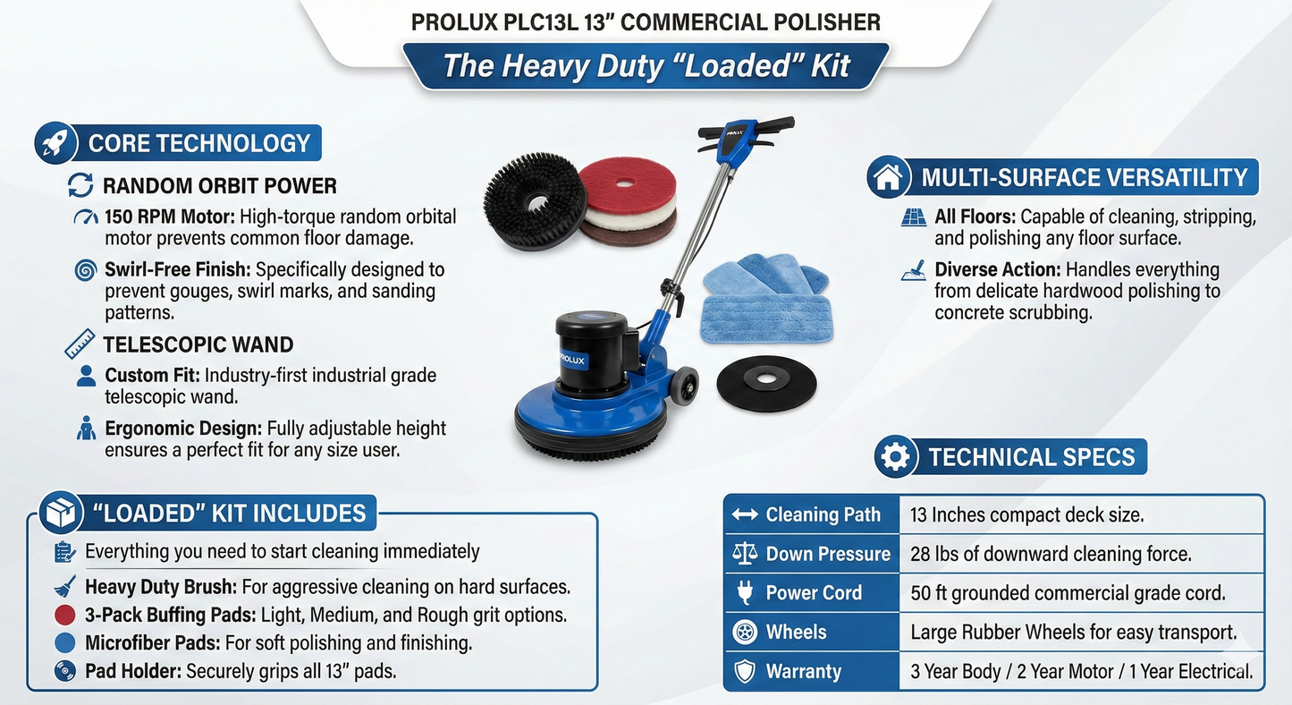 Prolux PLC13L 13" Heavy Duty Commercial Polisher Floor Buffer Machine Scrubber and 5 Pads