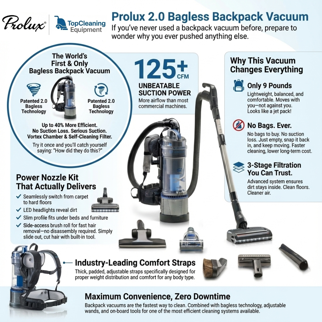 Lightweight Prolux 2.0 Bagless Upright Backpack Vacuum w/ Electric Powerhead Kit and 5 YR Warranty infographic image