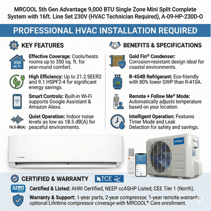 MRCOOL 5th Gen Advantage 9,000 BTU Single Zone Mini Split Complete System with 16ft. Line Set 230V (HVAC Technician Required), A-09-HP-230D-O