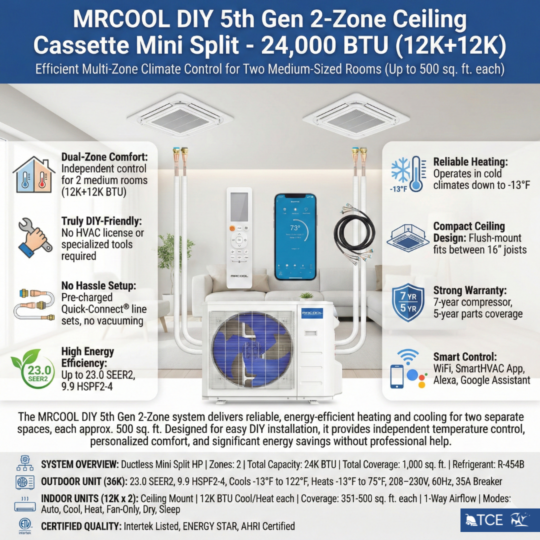 MRCOOL DIY 5th Gen 2-Zone 24,000 BTU Ceiling Cassette Ductless Mini Split Air Conditioner & Heat Pump with Pre-Charged Line Sets (12K+12K), DIYM236HP