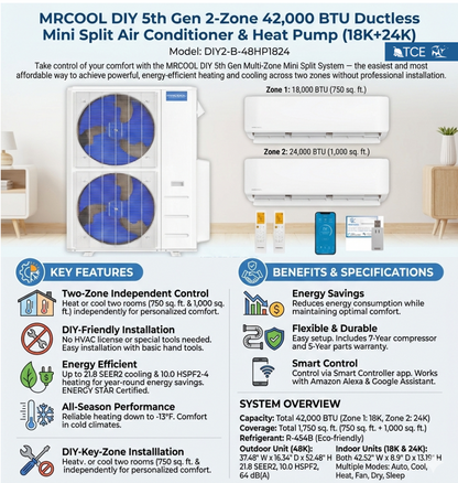 MRCOOL DIY 5th Gen 2-Zone 42,000 BTU Ductless Mini Split Air Conditioner & Heat Pump (18K+24K), DIY2-B-48HP1824