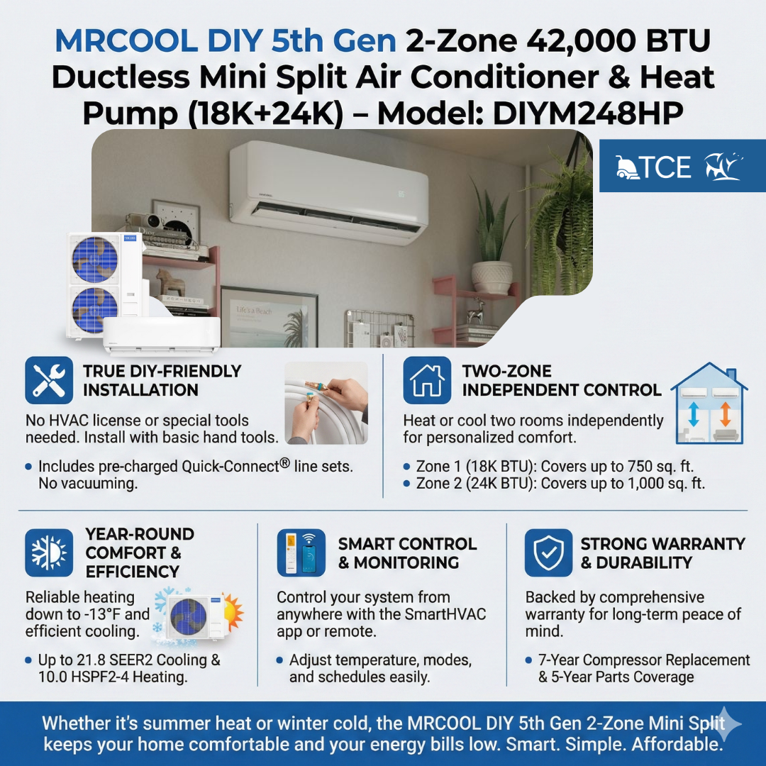 MRCOOL DIY 5th Gen 2-Zone 42,000 BTU Ductless Mini Split Air Conditioner & Heat Pump with Pre-Charged Line Sets (18K+24K), DIYM248HP