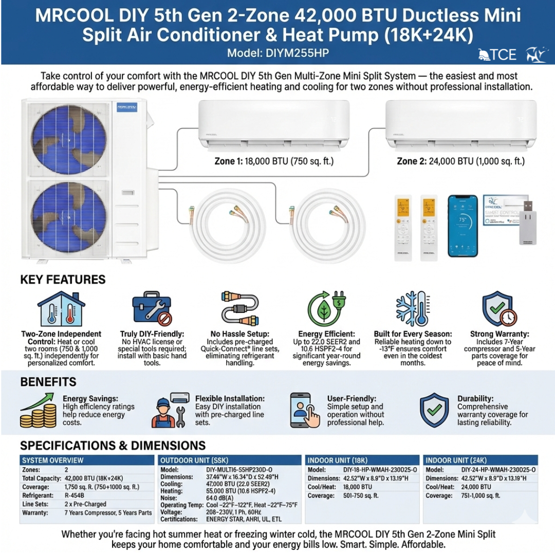 MRCOOL DIY 5th Gen 2-Zone 42,000 BTU Ductless Mini Split Air Conditioner & Heat Pump with Pre-Charged Line Sets (18K+24K), DIYM255HP
