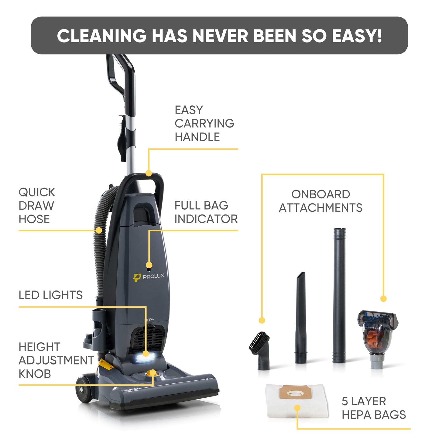 Prolux Phantom Commercial Bagged Upright Sealed HEPA Pet Vacuum for Professional Cleaners