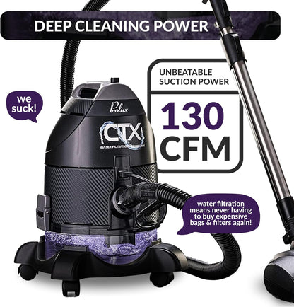 Polux CTX vacuum cleaner with text highlighting deep cleaning power and unbeatable suction power.