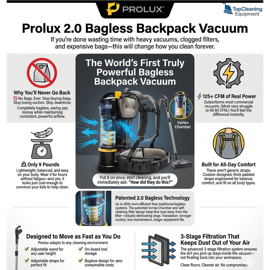 Prolux 2.0 Commercial Bagless Upright Backpack Vacuum Commercial Power Nozzle Kit infographic
