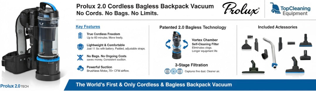 Prolux 2.0 Cordless Bagless Upright Backpack Vacuum with 1 hour Lithium Ion Battery prolux x top cleaning equipment