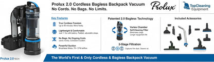 Prolux 2.0 Cordless Bagless Upright Backpack Vacuum with 1 hour Lithium Ion Battery prolux x top cleaning equipment