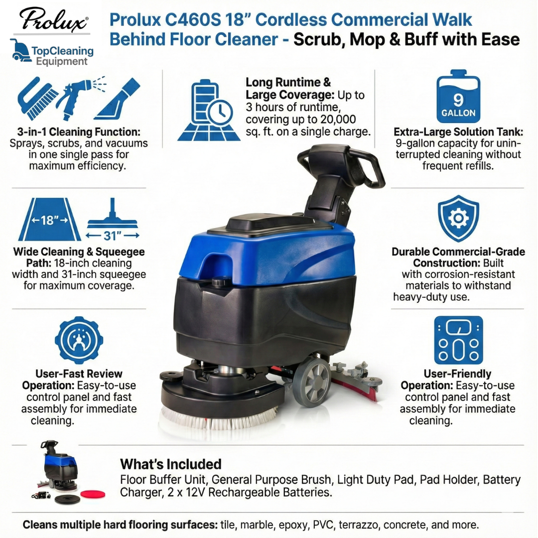 Prolux C460S 18" Cordless Commercial Walk Behind Floor Cleaner, Scrubber & Buffer