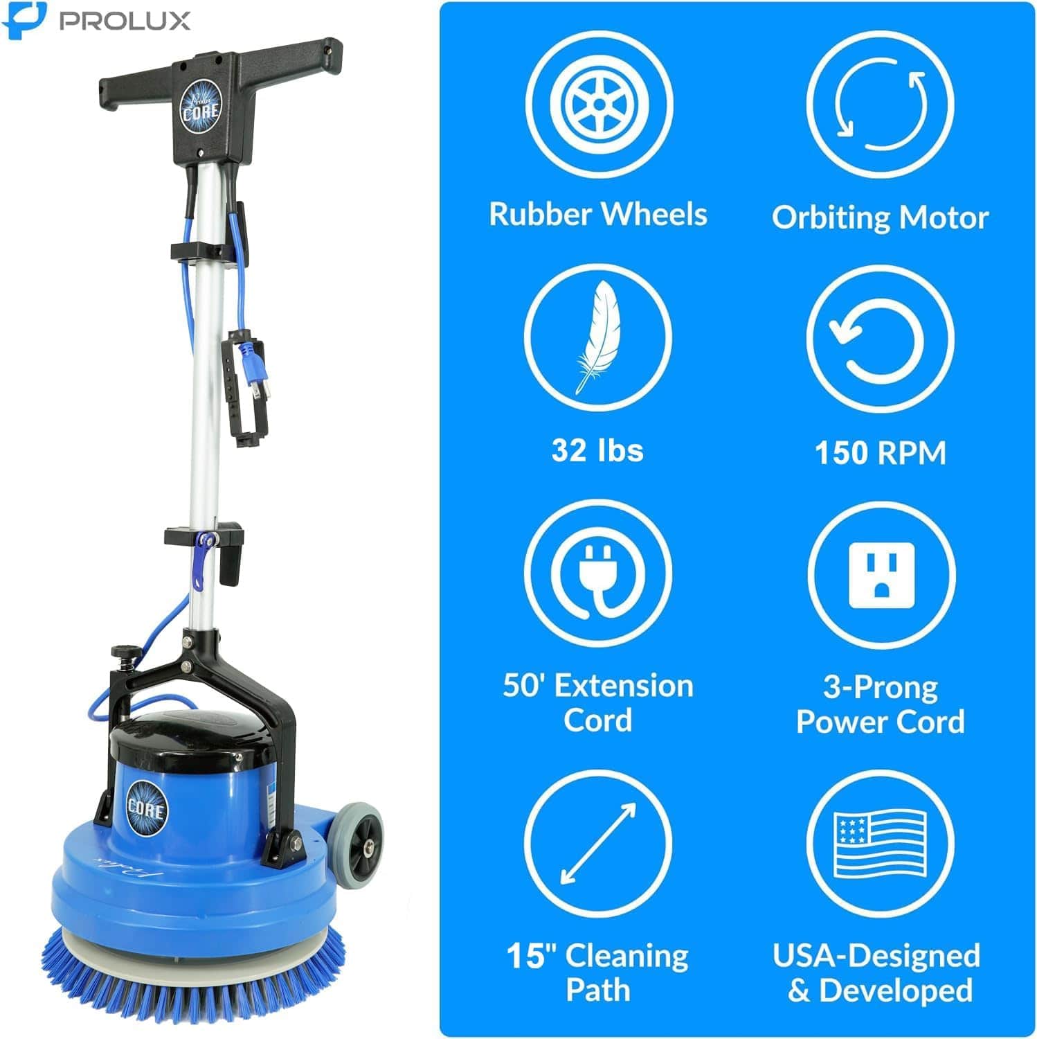 Prolux Core 15 Blue floor buffer with features listed on a blue background