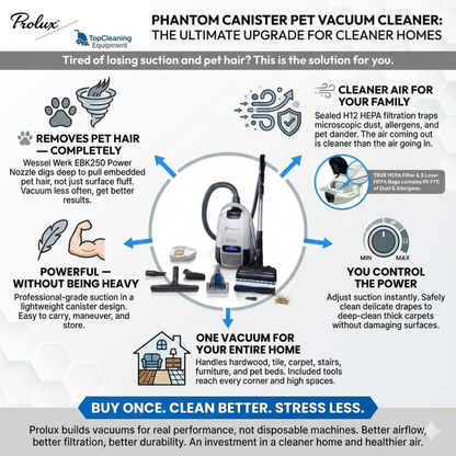 Prolux Phantom Bagged Canister Deep Cleaning PET Vacuum with Powerhead for Home