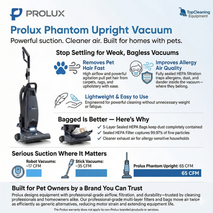 Prolux Phantom Bagged Upright Sealed HEPA Pet Vacuum for Home