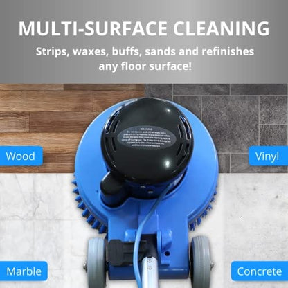 Prolux core 15 Blue cleaning machine on a floor with text about multi-surface cleaning capabilities.