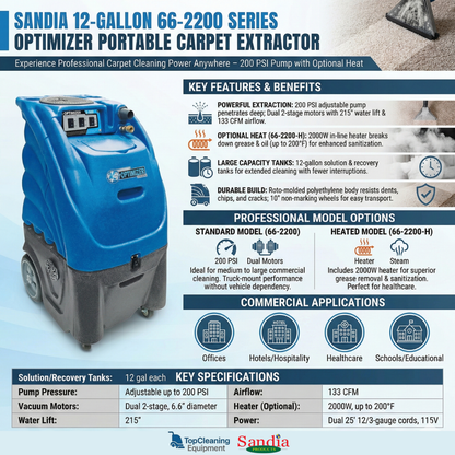 Sandia 12-Gallon 66-2200 Series OPTIMIZER 2-Stage Portable Carpet Extractor - 200 PSI Pump with Optional Heat