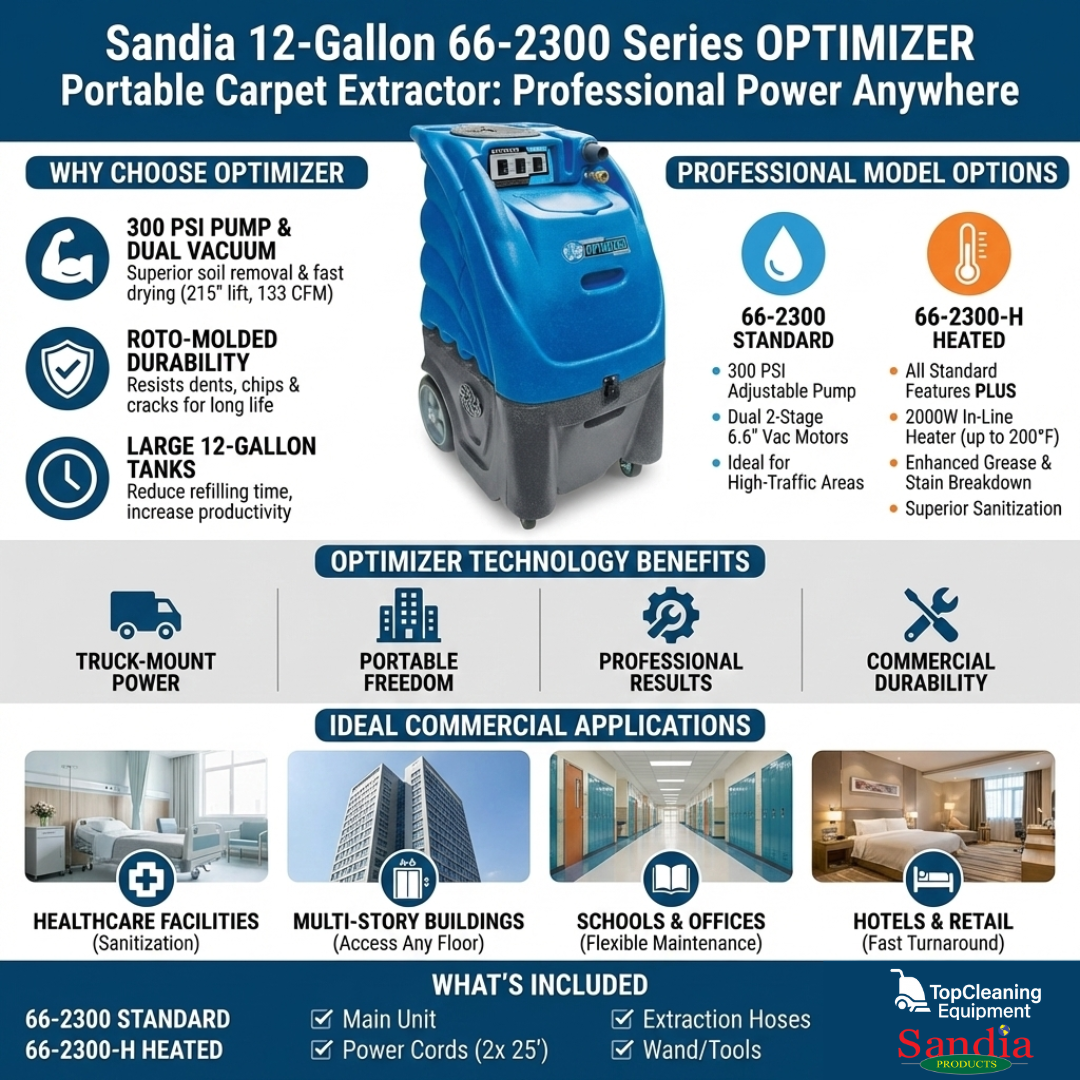 Sandia 12-Gallon 66-2300 Series OPTIMIZER Portable Carpet Extractor - 300 PSI Pump with Optional Heat